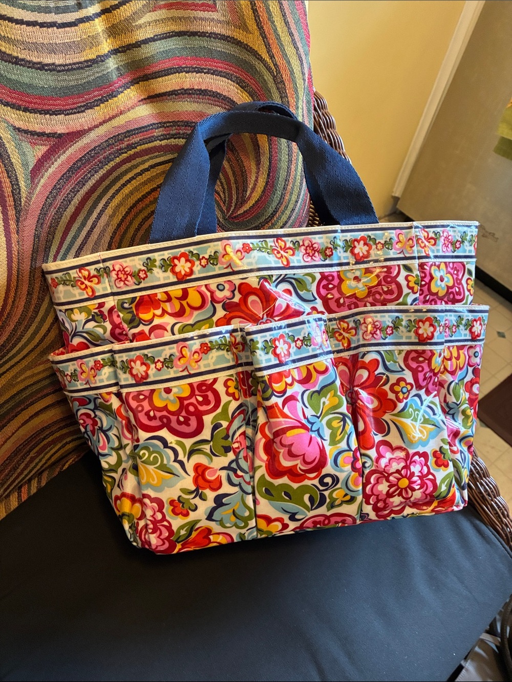 Vera Bradley Multicolor Floral Gardening Tote with Navy Handles